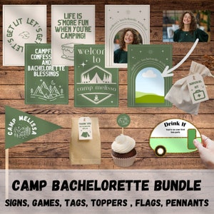 Camp Bachelorette Party Favor Bundle Editable Templates | Last trail before the veil | Thank you Tag | Pennant | Sign | Topper | Games