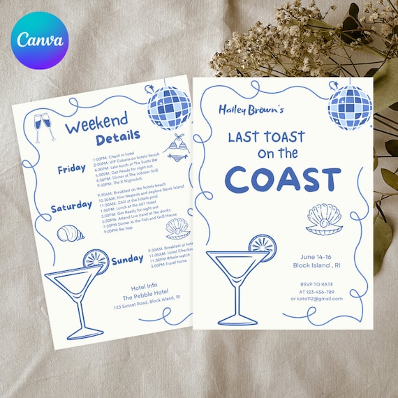 Coastal Bachelorette Invitation and Itinerary Template, Beach Hen Party (Canva Template)