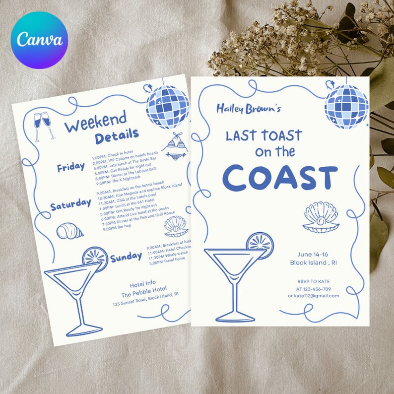 Op de afbeelding: Een blauwe en witte ge&iuml;llustreerde uitnodiging voor een weekendje weg naar Block Island, Rhode Island. De uitnodiging bevat een discobal, een schelp, een cocktailglas en de tekst "Last Toast on the Coast". Het evenement is gepland van 14 tot en met 16 juni.