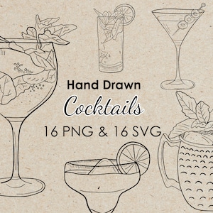 16 Hand Drawn Drink Illustrations | SVG & PNG files | Cocktail Clip Art | Signature Drink Sign Clip Art | menu | Wedding | Bachelorette