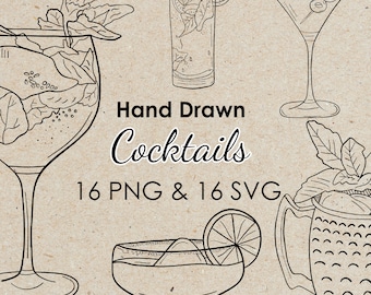 16 Hand Drawn Drink Illustrations | SVG & PNG files | Cocktail Clip Art | Signature Drink Sign Clip Art | menu | Wedding | Bachelorette