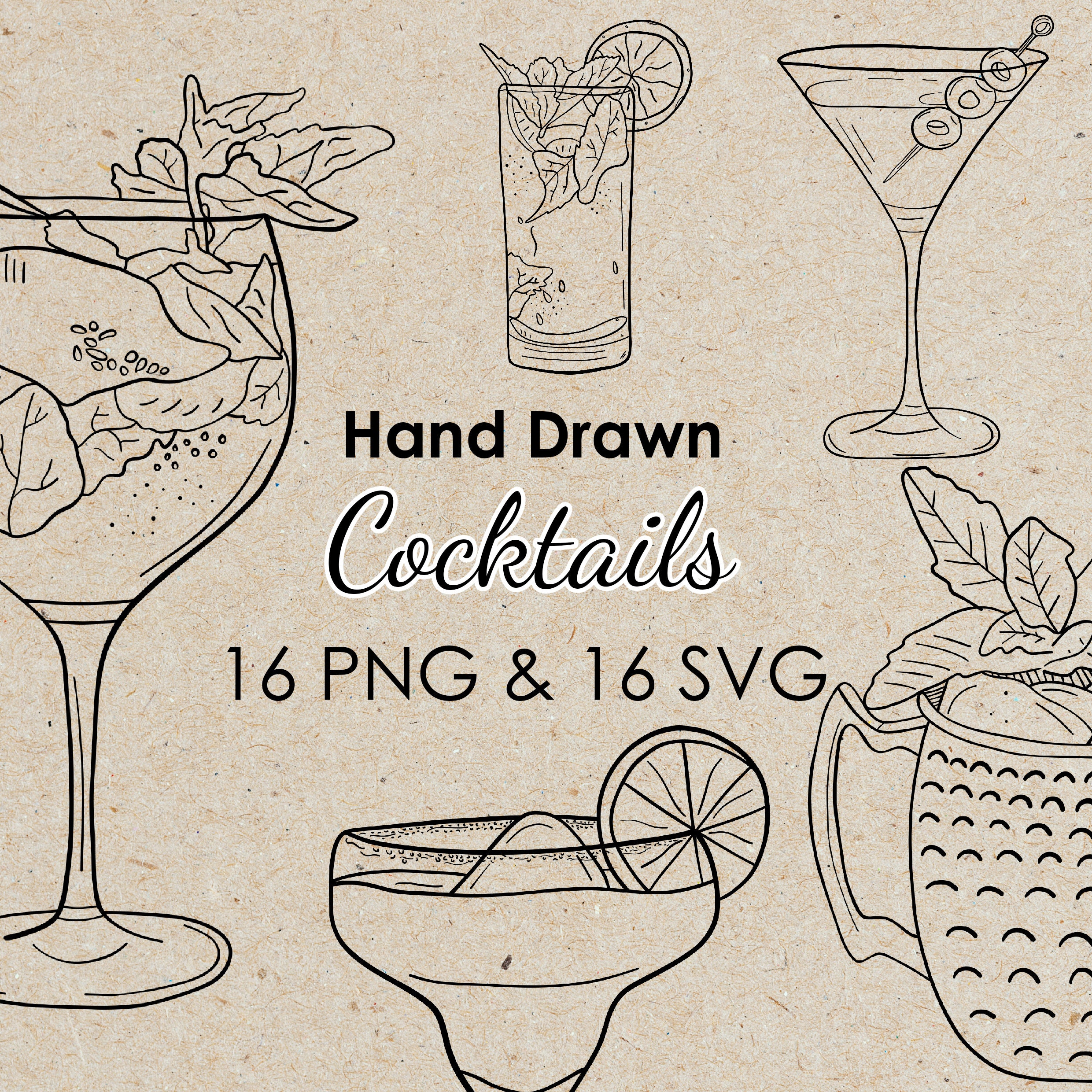 16 Hand Drawn Drink Illustrations | SVG & PNG Files | Cocktail Clip Art ...