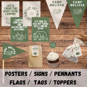 Camp Bachelorette Party Bundle Editable Templates | Last trail before the veil Party Favors| Thank you Tag | Pennants  | Posters | Toppers