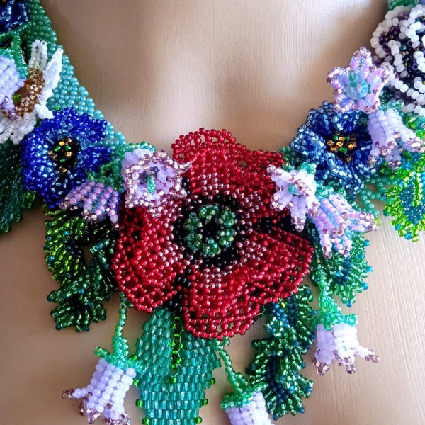 Beadwork necklace flowers choker Beads Floral necklace .Beads Flowers Statement Choker Flowers Choker Neck Jewelry Rocailles choker