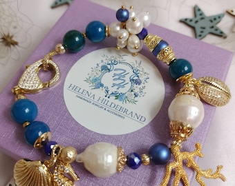 Handmade bracelet blue white natural pearls and natural stones woman gift unique piece jewelry set