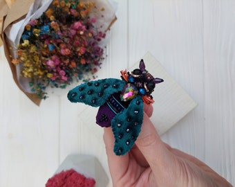Beautiful brooch velvet unique piece presents gift for woman mother wife girlfriend beadwork beetle brooch handmade special gift