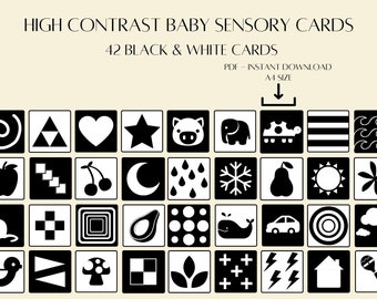 42 printable sensory flashcards, High-contrast newborn card, Visual stimulation, Picture card for newborn, Black & white cards, digital file