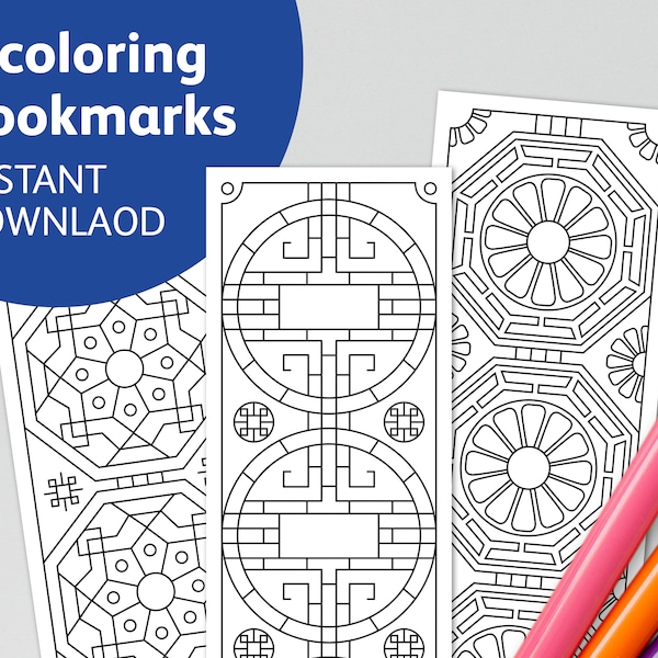 3 printable Korean coloring Bookmarks, PDF instant download, DIY bookmark Korean design