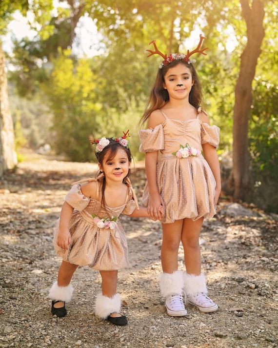 Girls Deer Costume: Handmade Bambi Dress, Antlers & Fur Leggings - Etsy  Ireland