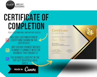 Editable Certificate Template for Businesses, Custom Template for Courses, Certificate of Completion award for School, Instant Printable DIY