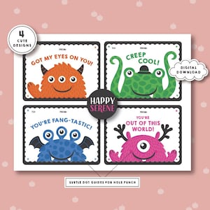 May include: A sheet of four cute monster-themed cards with phrases like "Got My Eyes On You!" and "You're Fang-tastic!" The cards feature colorful illustrations of monsters and the text "Happy Serene" and "Digital Download."