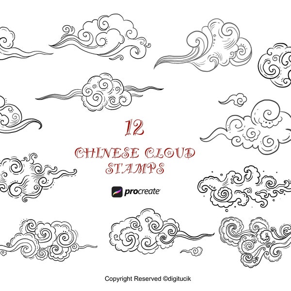 12 Chinese Cloud Stamps for Procreate | Tattoo| Sticker | T-shirt