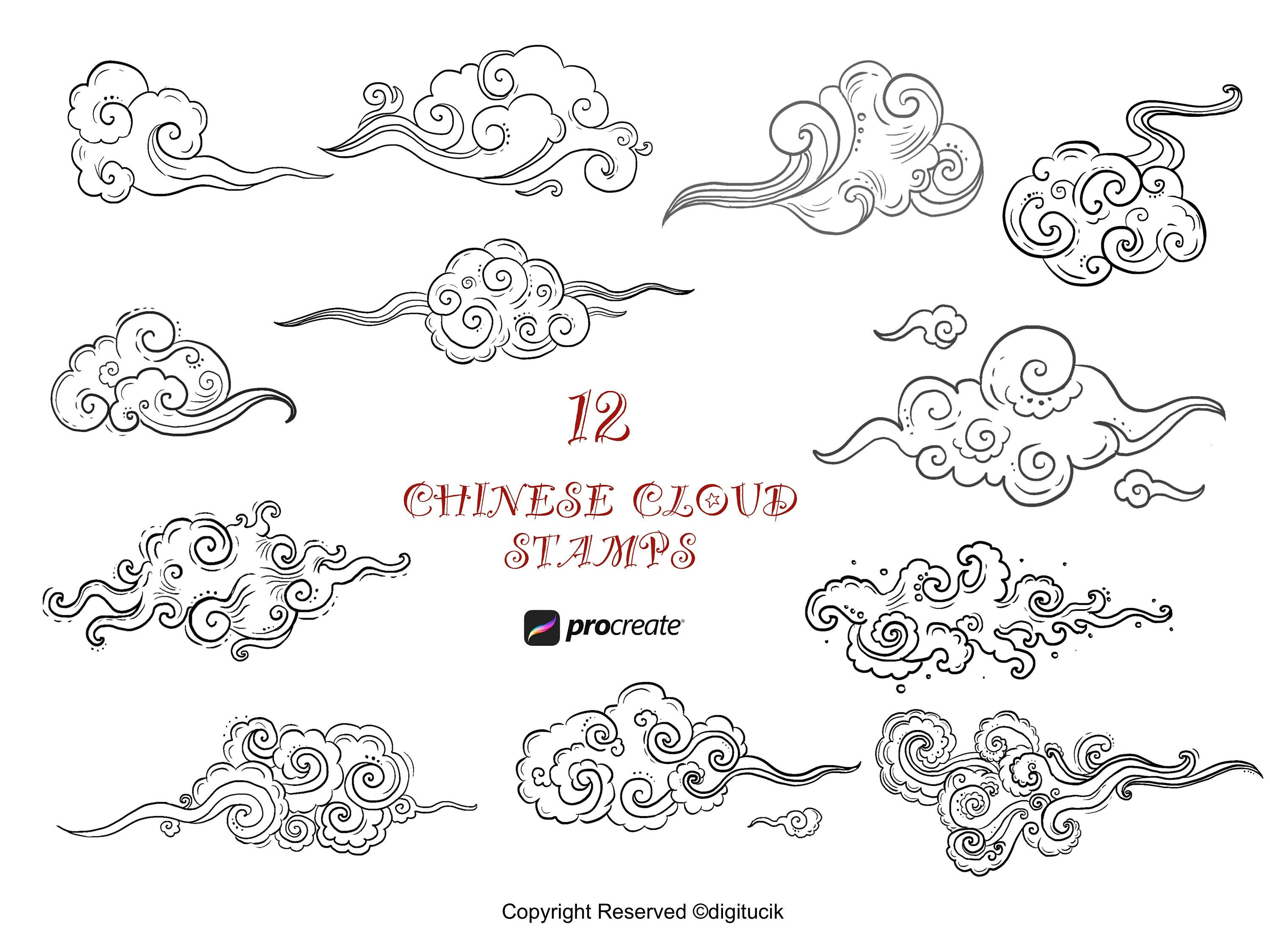 12 Chinese Cloud Stamps for Procreate Tattoo Sticker T-shirt - Etsy