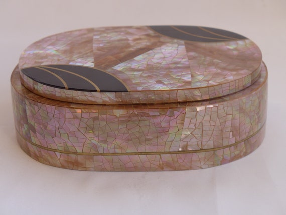 Antique Pink Mother-of-Pearl & lacquer Box Jewelr… - image 2