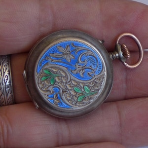 Antique 800 sterling Silver enamel ladies pocket watch for Parts or Repair