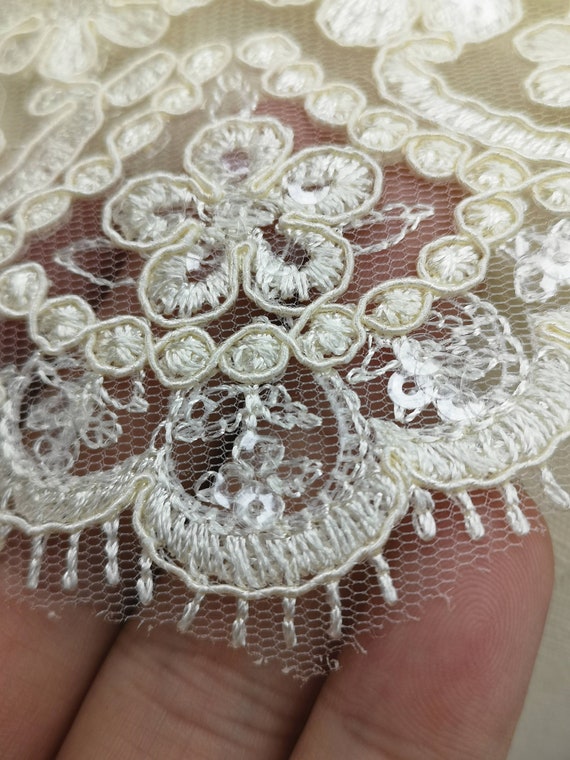 Appliques Embellishments 2 Yards Sequined Flower Lace Appliqués - Off White Beaded Embroidery Trim For Wedding Dresses Beads For Embroidery - Foto 8