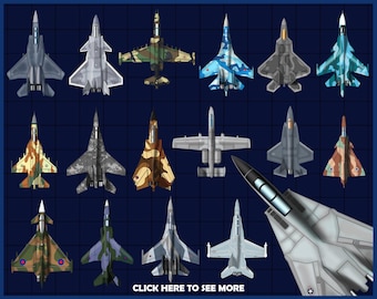 May include: A collection of 34 fighter jets from around the world, illustrated in a cartoon style. The jets are shown in various camouflage patterns and colors, including gray, blue, green, and brown. The image includes the text "34 Fighter Jets of the World" and "PNG (300 dpi)".