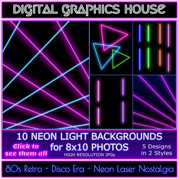 80s Neon Laser Photo Backdrop for 8x10s in high resolution JPG, nostalgic disco style background lighting