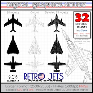 Retro American Fighter Jets of the 40s, 50s,60s and 70s, U.S. combat jet aircraft,  US air force jets, jet clipart, military aircraft