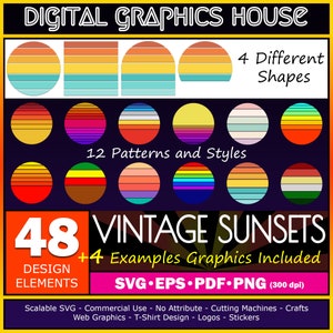 Retro Sunset SVG Clipart: Vintage Backgrounds (Digital Download)