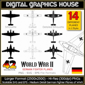Puede incluir: Un conjunto de 42 ilustraciones de aviones de combate alemanes de la Segunda Guerra Mundial en tres estilos: silueta, recorte y silueta detallada. Las ilustraciones son en blanco y negro y están disponibles en los formatos de archivo PNG, SVG y EPS.