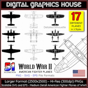 USA Fighter Planes of WWII vectors, American warplanes png, WWII allied aircraft png, ww2 planes silhouette, WW2 fighter planes svg