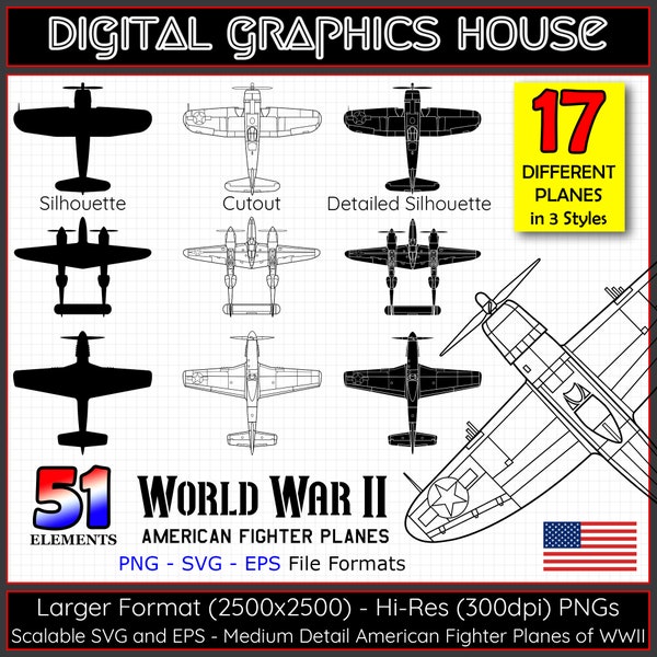 USA Fighter Planes of WWII vectors, American warplanes png, WWII allied aircraft png, ww2 planes silhouette, WW2 fighter planes svg