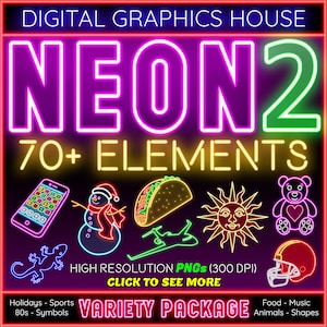 Neon 2 (het tweede deel) neonitems voor jou. Een beetje van alles in grote png-bestanden met hoge resolutie (300 dpi). Commercieel gebruik oké! :)