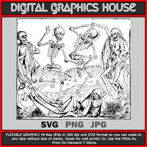 Puede incluir: Ilustración en blanco y negro de cuatro esqueletos bailando. Los esqueletos llevan túnicas y están en varias poses. La imagen está sobre un fondo de nubes.