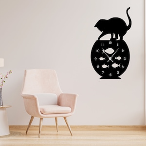 Laser Cut Naughty Cat Fish Tank Modern Wall Clock Home Decor