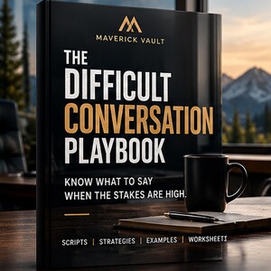 May include: A black book titled The Difficult Conversation Playbook by Maverick Vault, featuring white and gold text. The cover includes the subtitle Know What To Say When The Stakes Are High and lists Scripts, Strategies, Examples, and Worksheets.