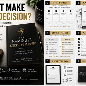 Puede incluir: Un libro negro titulado The 10-Minute Decision Maker con texto dorado y un icono de brújula, acompañado de un bolígrafo dorado y una brújula física. La imagen incluye seis paneles informativos que detallan un proceso de hoja de trabajo de 4 páginas.