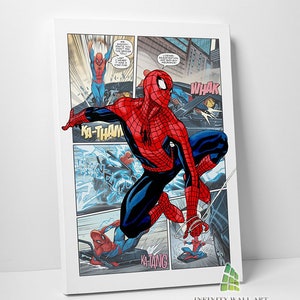 May include: A framed comic book art print featuring Spider-Man in action. The artwork showcases Spider-Man in his iconic red and blue suit, leaping and swinging through a city scene. Comic book sound effects like "Ka-Thamm" and "Whak" are visible.