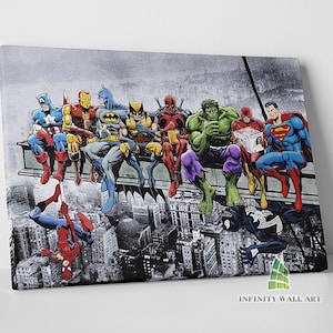 May include: A colorful illustration of various superheroes sitting on a ledge in a city setting. The superheroes include Spiderman, Superman, Batman, The Hulk, and others. The image is a comic book style illustration.
