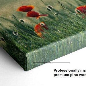 May include: A close-up of a canvas print featuring a field of green grass with red poppies. The canvas is wrapped around the edges of the frame, creating a seamless look.
