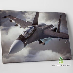 May include: A black and gray fighter jet flies through a cloudy sky. The jet has a white nose cone and a large, clear cockpit.