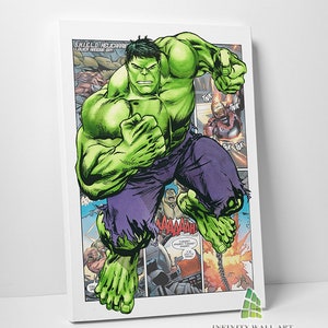 May include: A comic book style illustration of the Hulk, a green superhero, punching forward with a determined expression. The background features comic book panels with text and other characters.