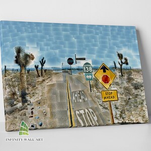May include: A mosaic-style image of a desert road with a stop sign, a "Stop Ahead" sign, and a sign for California State Route 138. The road is lined with Joshua trees and the sky is blue.
