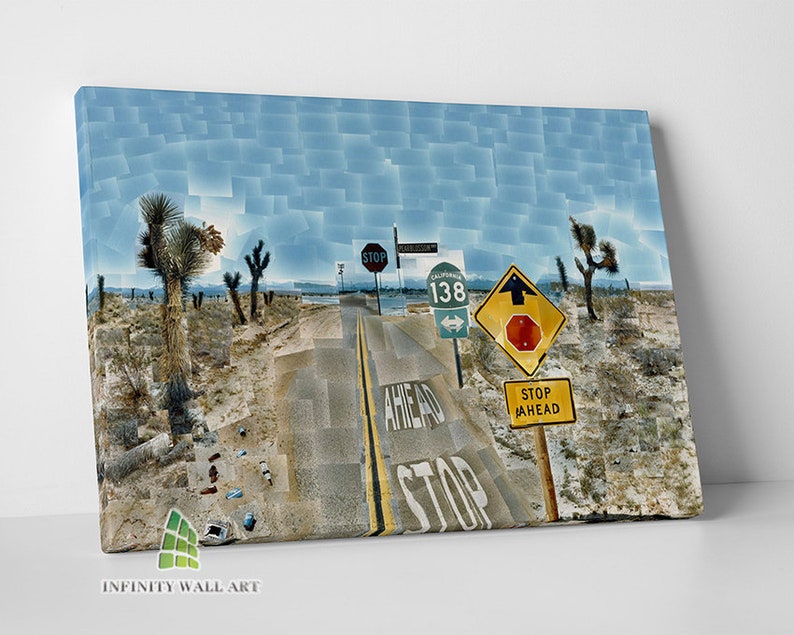 May include: A mosaic-style image of a desert road with a stop sign, a "Stop Ahead" sign, and a sign for California State Route 138. The road is lined with Joshua trees and the sky is blue.