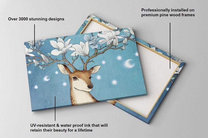May include: A canvas print featuring a deer with magnolia blossoms growing from its antlers. The background is a light blue with white stars and crescent moons. The print is professionally installed on a premium pine wood frame.