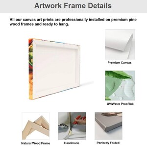 May include: A close-up of a canvas print framed with a natural wood frame. The canvas is stretched over the frame and stapled in the back. The print is protected with a UV and water-resistant ink. The canvas is folded for shipping.