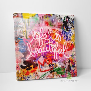 Life is Beautiful Quote Graffiti Canvas Art Wall Art Print Picture Banksy Style Canvas Home Decor -D334
