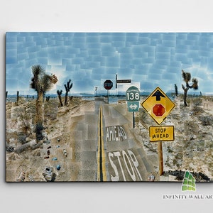 May include: A mosaic style painting of a desert road with a stop sign, a yellow sign with a red octagon, and a sign that reads "Stop Ahead". The road is lined with Joshua trees and the sky is blue.