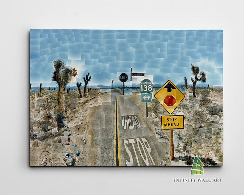 May include: A mosaic style painting of a desert road with a stop sign, a yellow sign with a red octagon, and a sign that reads "Stop Ahead". The road is lined with Joshua trees and the sky is blue.