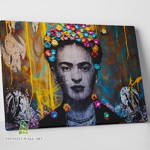 May include: A canvas print depicting Frida Kahlo in monochrome, wearing a floral crown and necklace. The background features a mix of blue, yellow, and brown paint splatters and graffiti art. The artwork is signed by Infinity Wall Art.