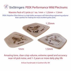 PEEK guitar picks - Variety Pack 2 (1 each: 1mm + 1.25mm + 1.5mm) - free continental US S/H - SixStringers Wild Plectrum PEEK Performance