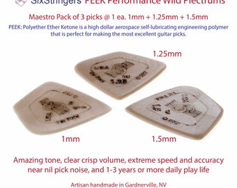 PEEK guitar picks - Variety Pack 2 (1 each: 1mm + 1.25mm + 1.5mm) - free continental US S/H - SixStringers Wild Plectrum PEEK Performance