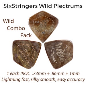 Guitar Picks 1 each @ .76mm + .86mm + 1mm - SixStringers Wild Plectrum IROC: Free Shipping Continental US
