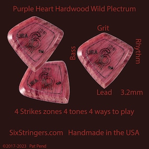 Guitar Picks 3 pcs @ 3.2mm - SixStringers Wild Plectrum Purple Heart: Free Shipping Continental US