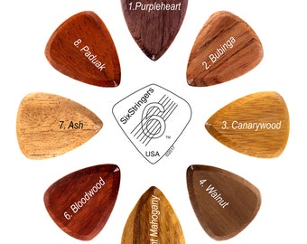 Wood guitar pick - 8 handcrafted exotic hardwood picks - Free Shipping Continental US